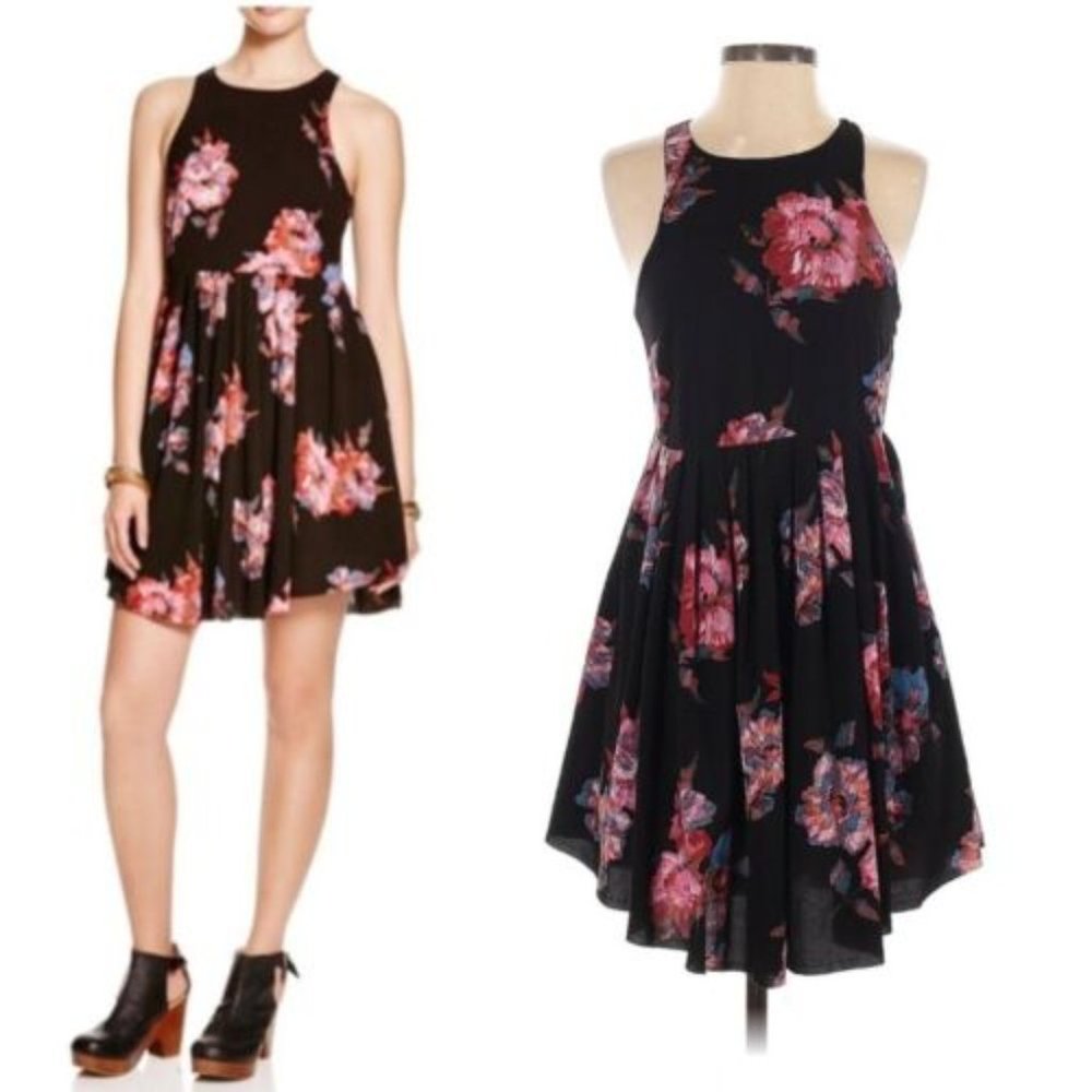 Free People Flutterby Floral Babydoll Dress Size 4 Black Pink w/ Pockets
